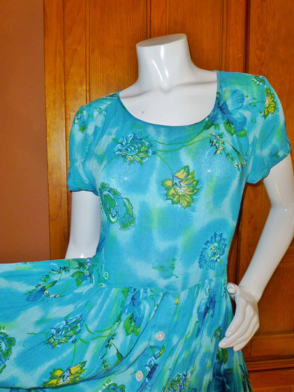 Vtg India Gauze Rayon Turquoise Ethnic Drape A line Boho Gypsy Midi DRESS S M