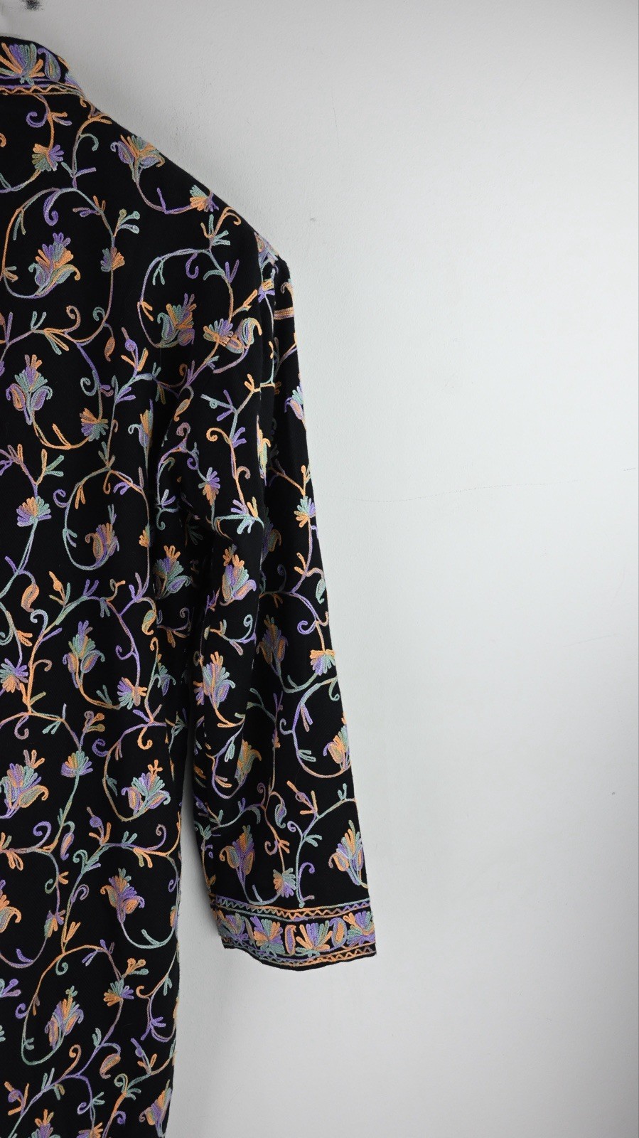 Vintage embroidered kashmiri jacket in black with lavender/gold size UK10