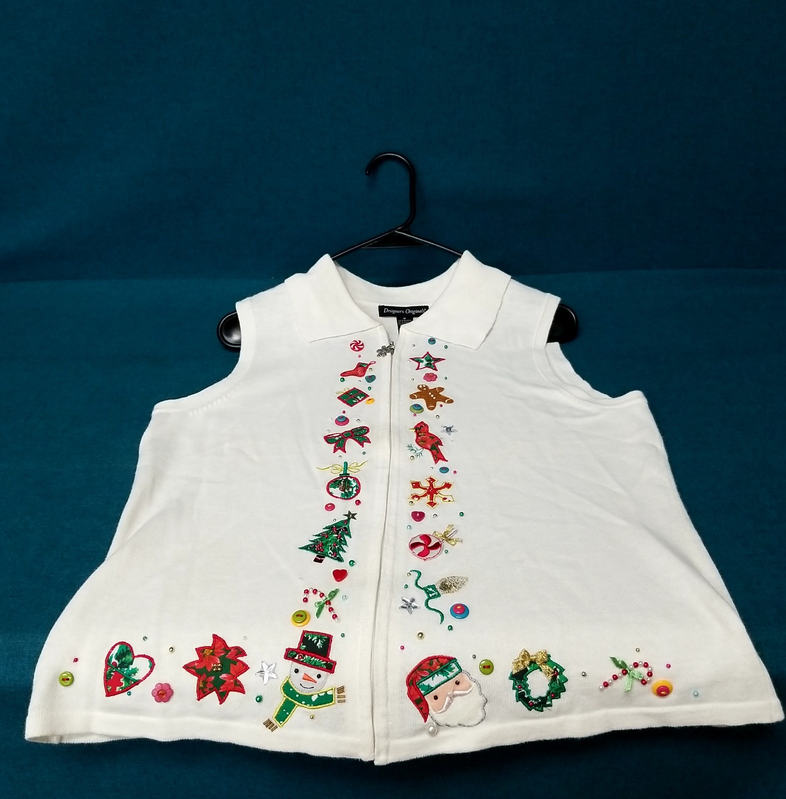VTG Designers Originals Size M Christmas Patchwork & Embroidery White Zip Vest