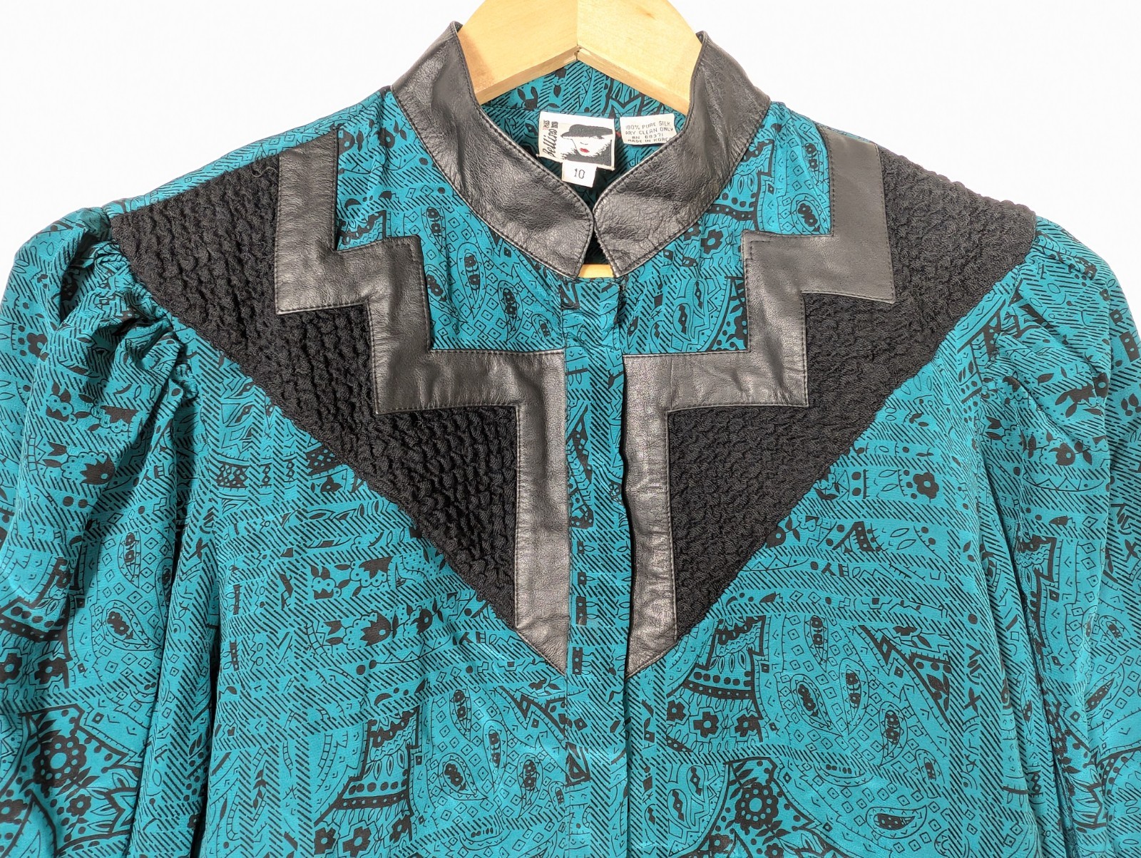 Vtg Bellino Paris 100% Silk Blouse Jacket 10 Teal Geometric Black Leather Trim
