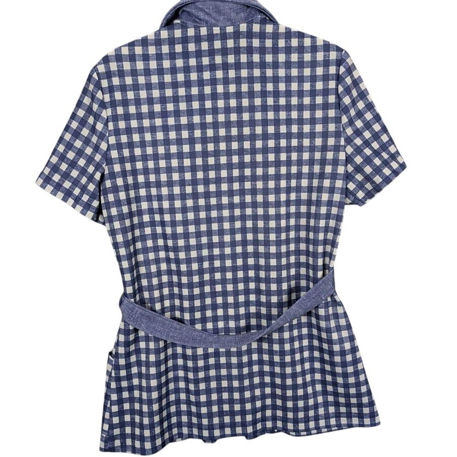 Vtg Shirt Women’s Medium Short Sleeve Zip Plaid Pockets Contrast Collar Belt