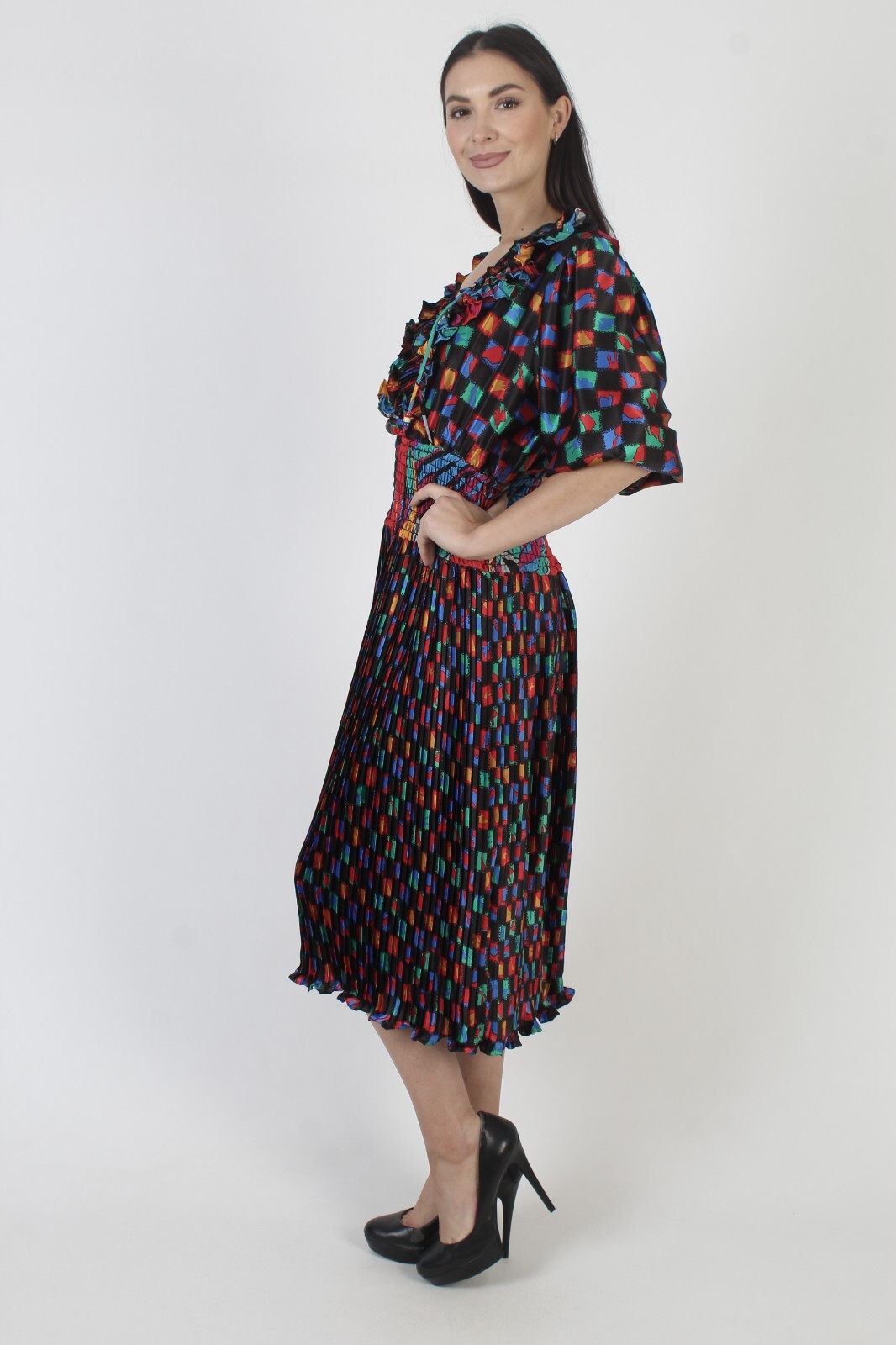 Vintage Asorti Susan Freis Dress Black Georgette Ruffle Rainbow Cocktail Midi