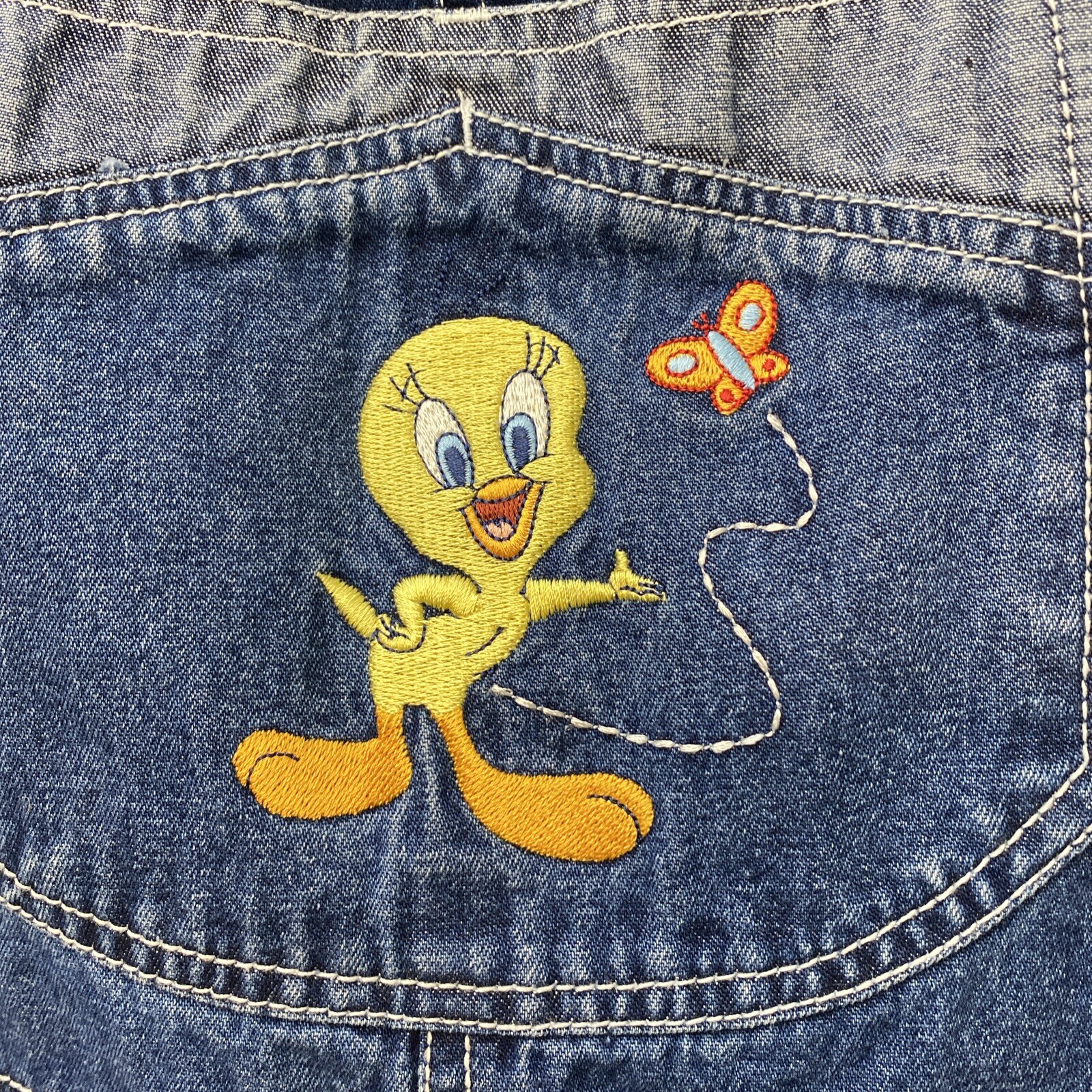 VTG Warner Bros Tweety Bird Bib Skortalls Women’s L Blue Denim Romper ’90s Y2K