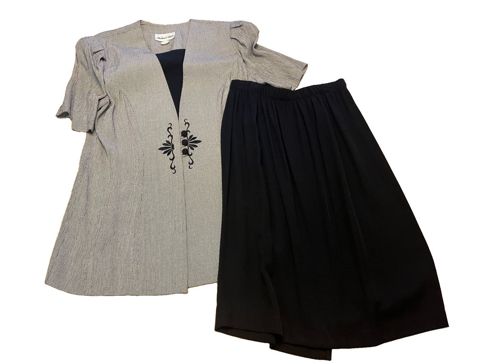 Vtg 90s Michael Blake Jacket Dress Set Black White Micro Check Embroidered Sz 12