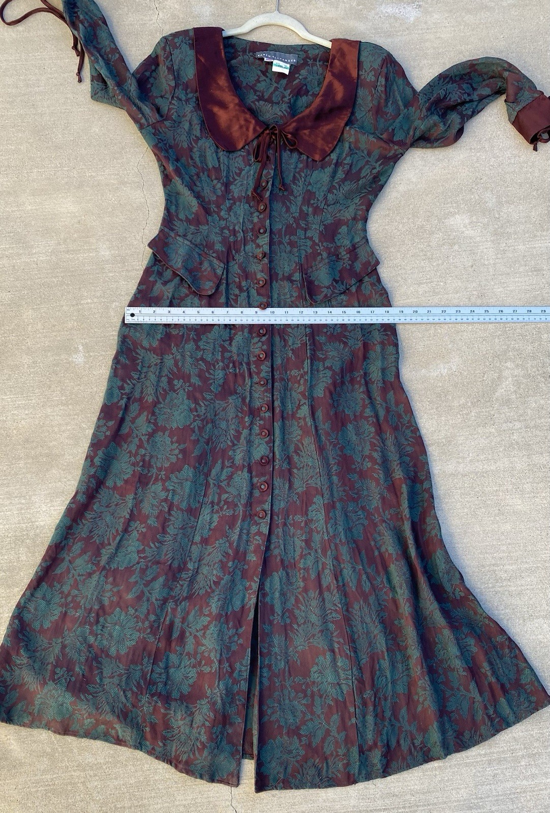 Vintage 80s 90s Karen Alexander Floral Jacquard Maxi Dress Burgundy Green USA 8