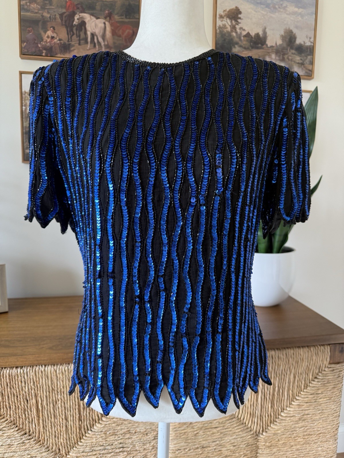 1980’s Stenay Electric Blue And Black Silk & Sequined Top M