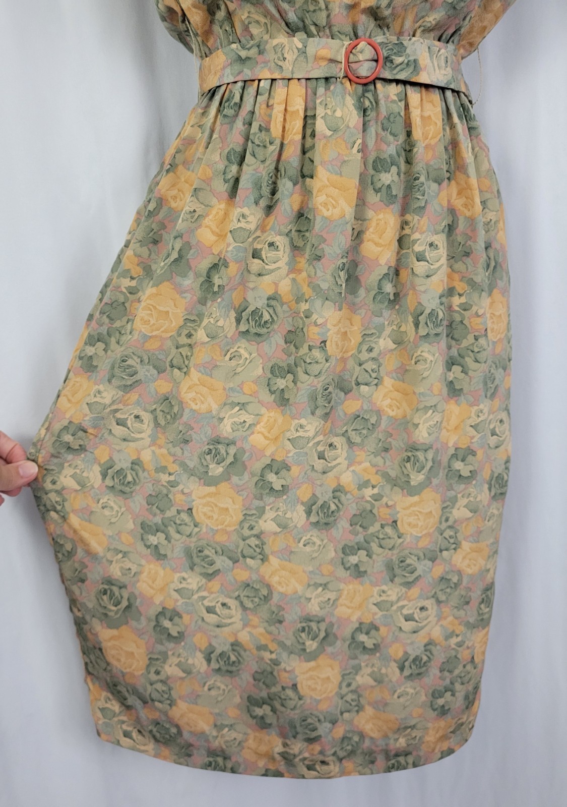 Vintage Taurus II Muted Green & Gold Floral Blouson Dress w Belt Size 4