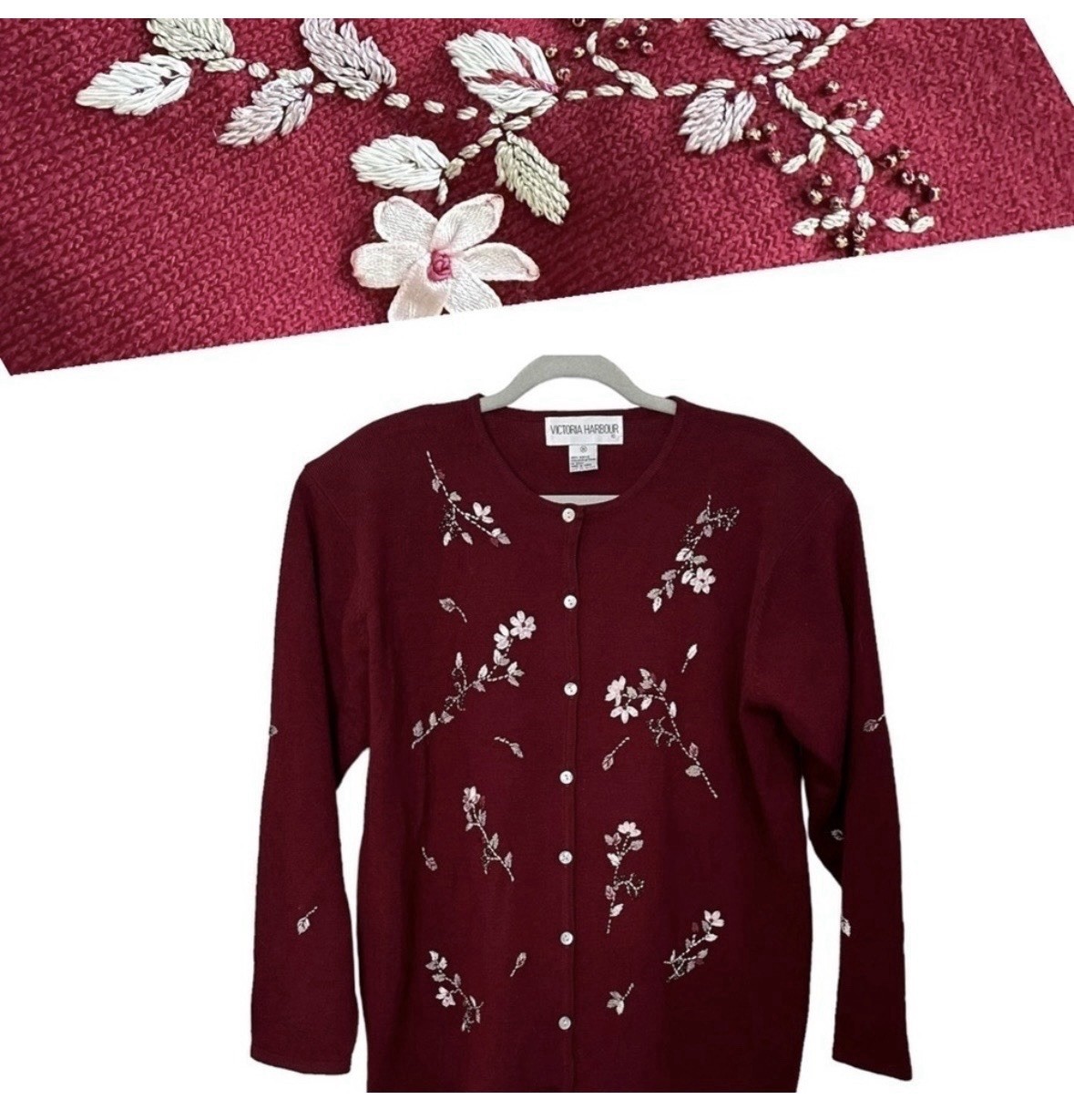 Victoria Harbour Vtg Cardigan Burgandy Beaded Cottagecore Granny Embroidery Sz M