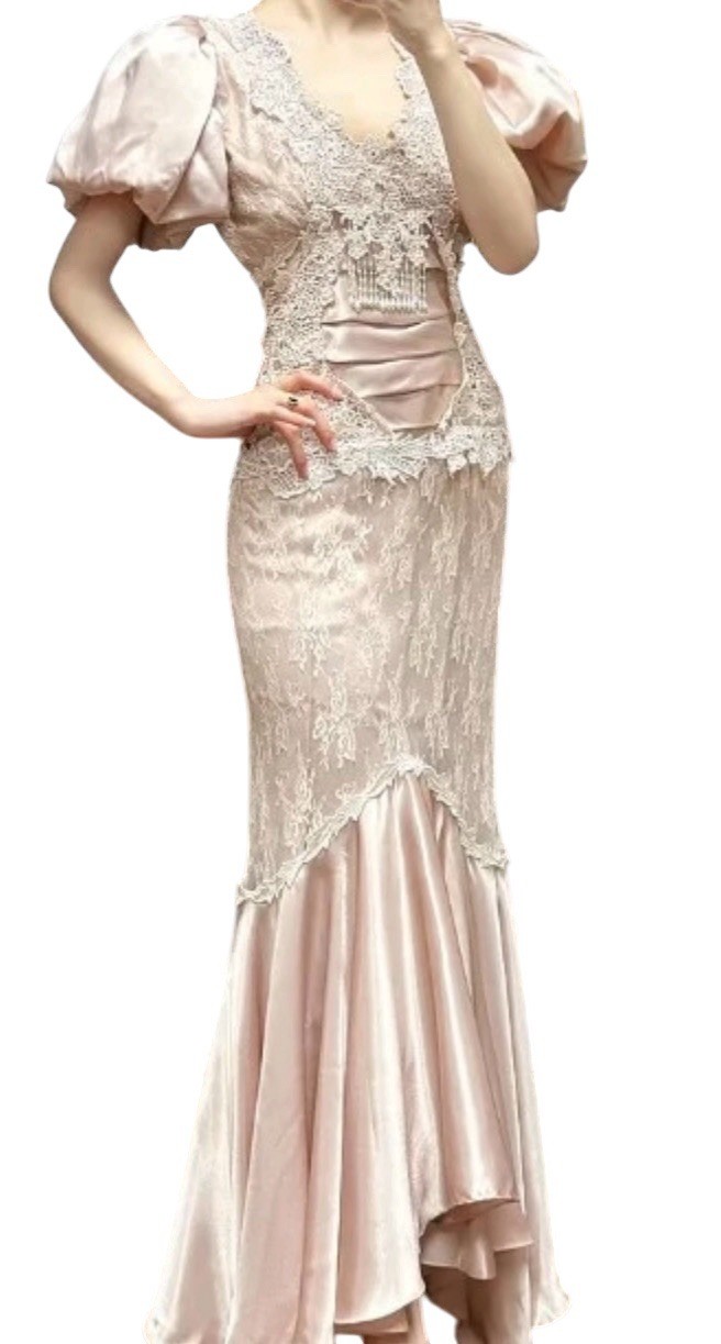 VTG 80s CACHET by Bari Protas Victorian Dusty Rose Satin & Lace Puff Dress S M