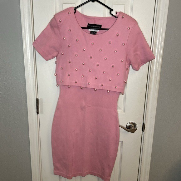 Andrea Jovine Ann Taylor Pink Pearl Embellished Knit Sheath Dress Vintage Size M