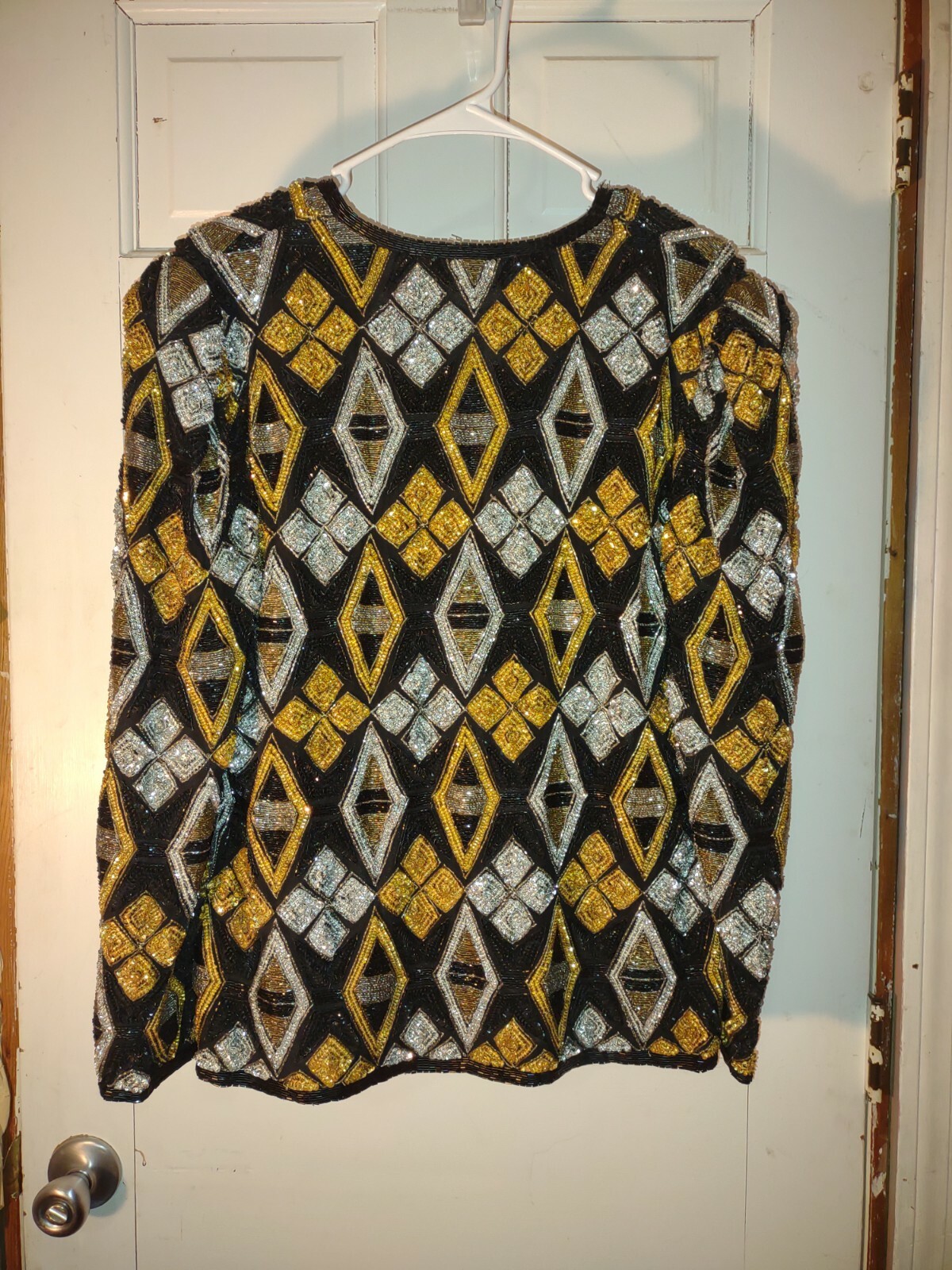 Vintage 90s Black and Gold Sequin Jacket, Embellished Cardigan – Sz M (see meas.