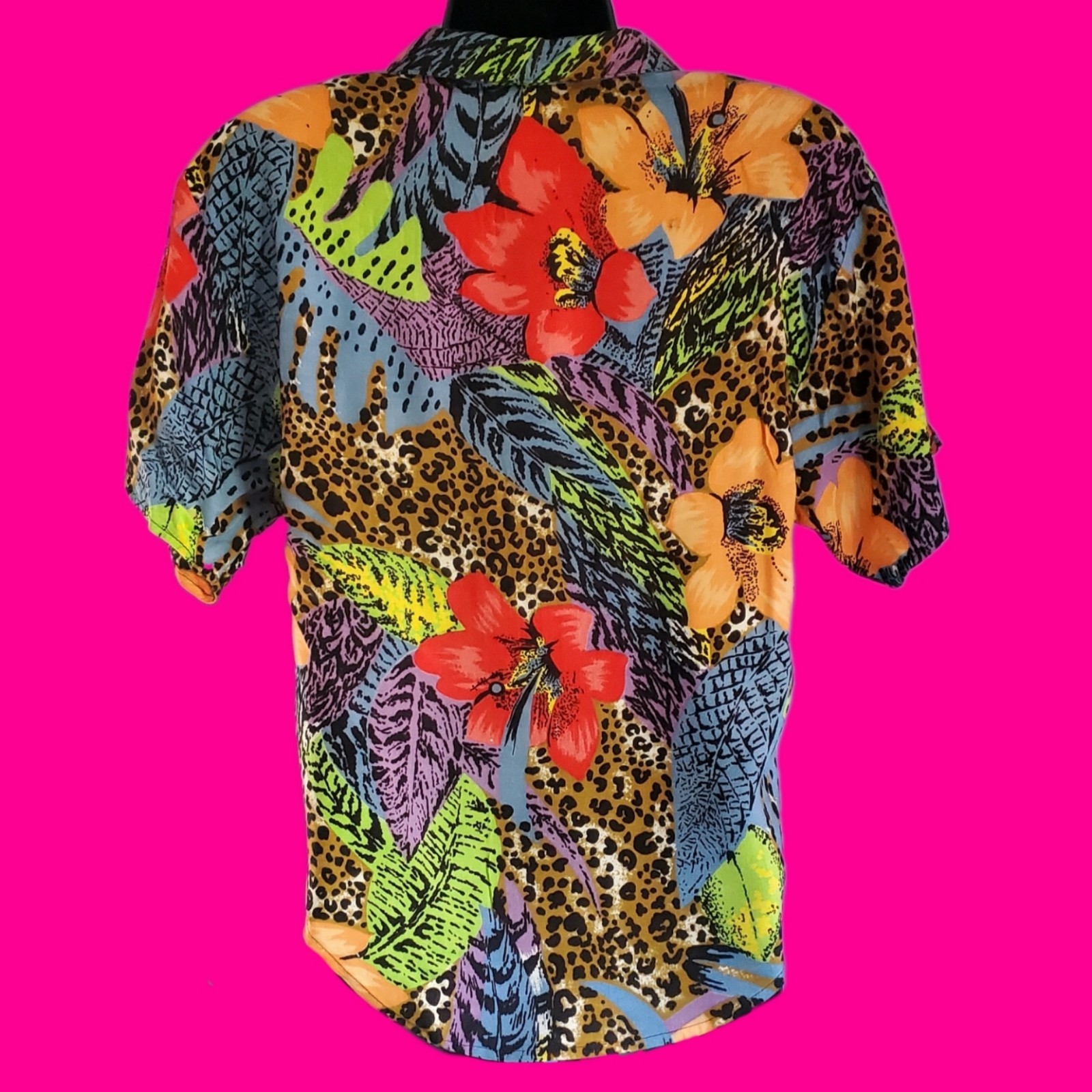 VINTAGE 80’s C.H. SPORT Hawaiian Shirt Button Blouse Animal Print Funky Tropical