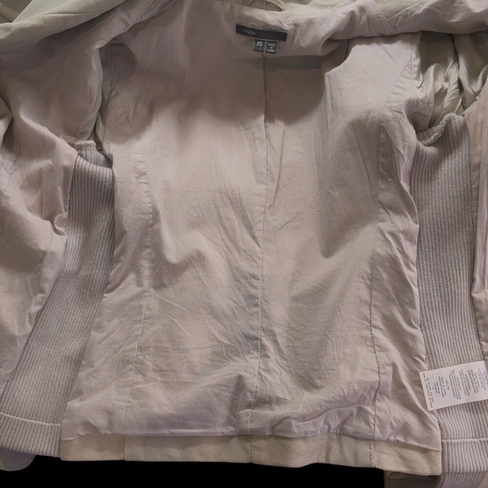 Vince Goat Leather Asymmetrical Moto Jacket Cashmere Ribbed Knit Trim Taupe