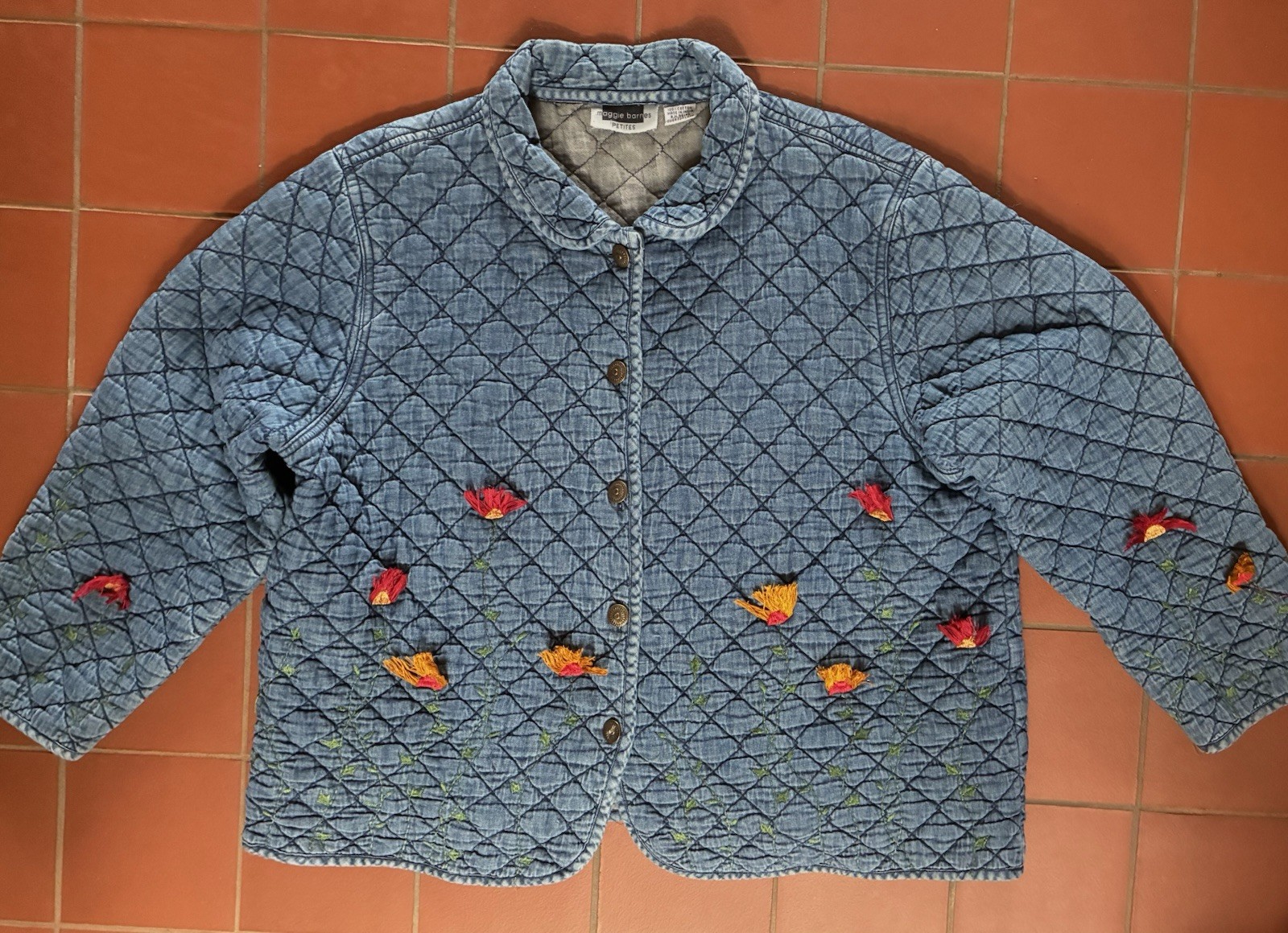 Vintage 90s Maggie Barnes Petites Quilted Embroidered Denim Jacket Floral 24WP