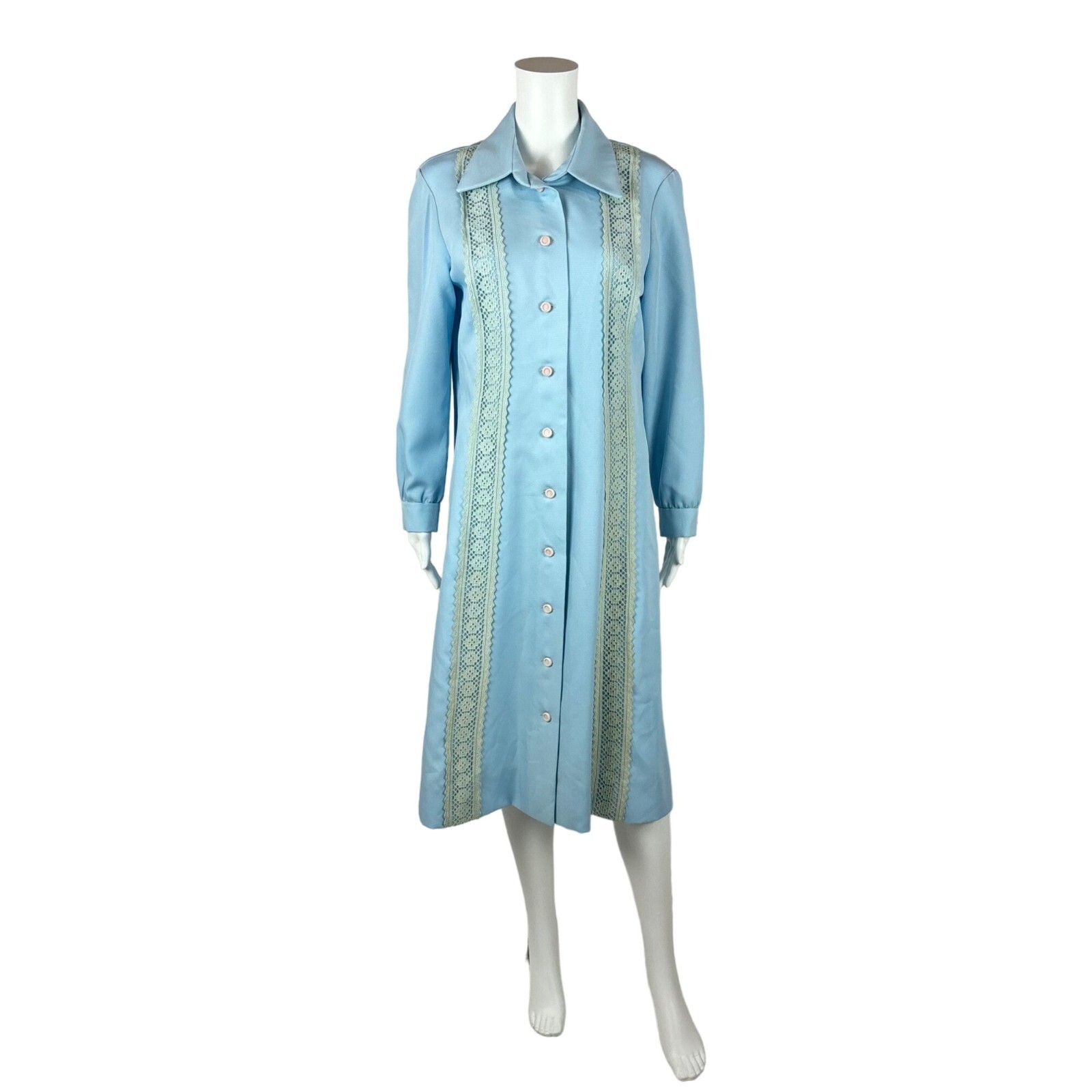 Vintage 70s Shirt Dress Women’s Large Baby Blue Lace Trim Long Sleeved Shift