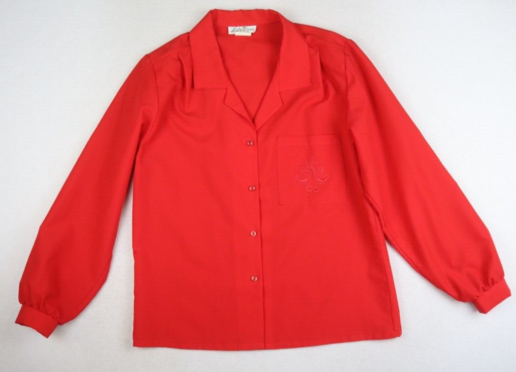 VINTAGE WOMEN’S RED LONG SLEEVE BUTTON-UP BLOUSE – LUCKY WINNER – SIZE 12