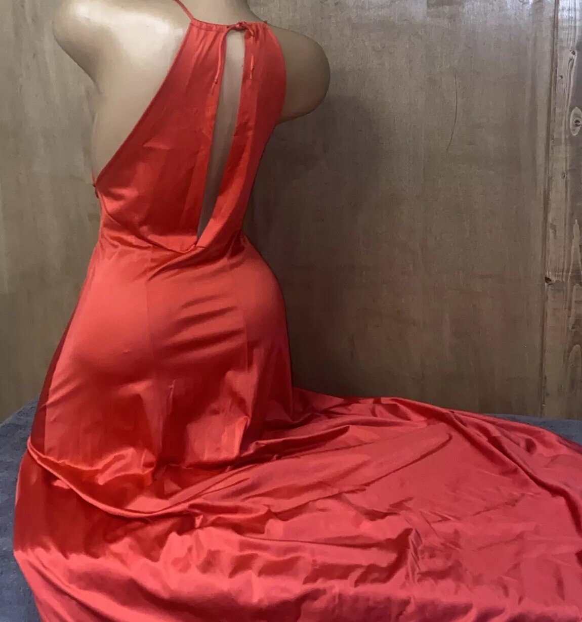 Vintage Vanity Fair Long Red Satin Nylon SZ 32 Flowing Nightie Dress Slip #15