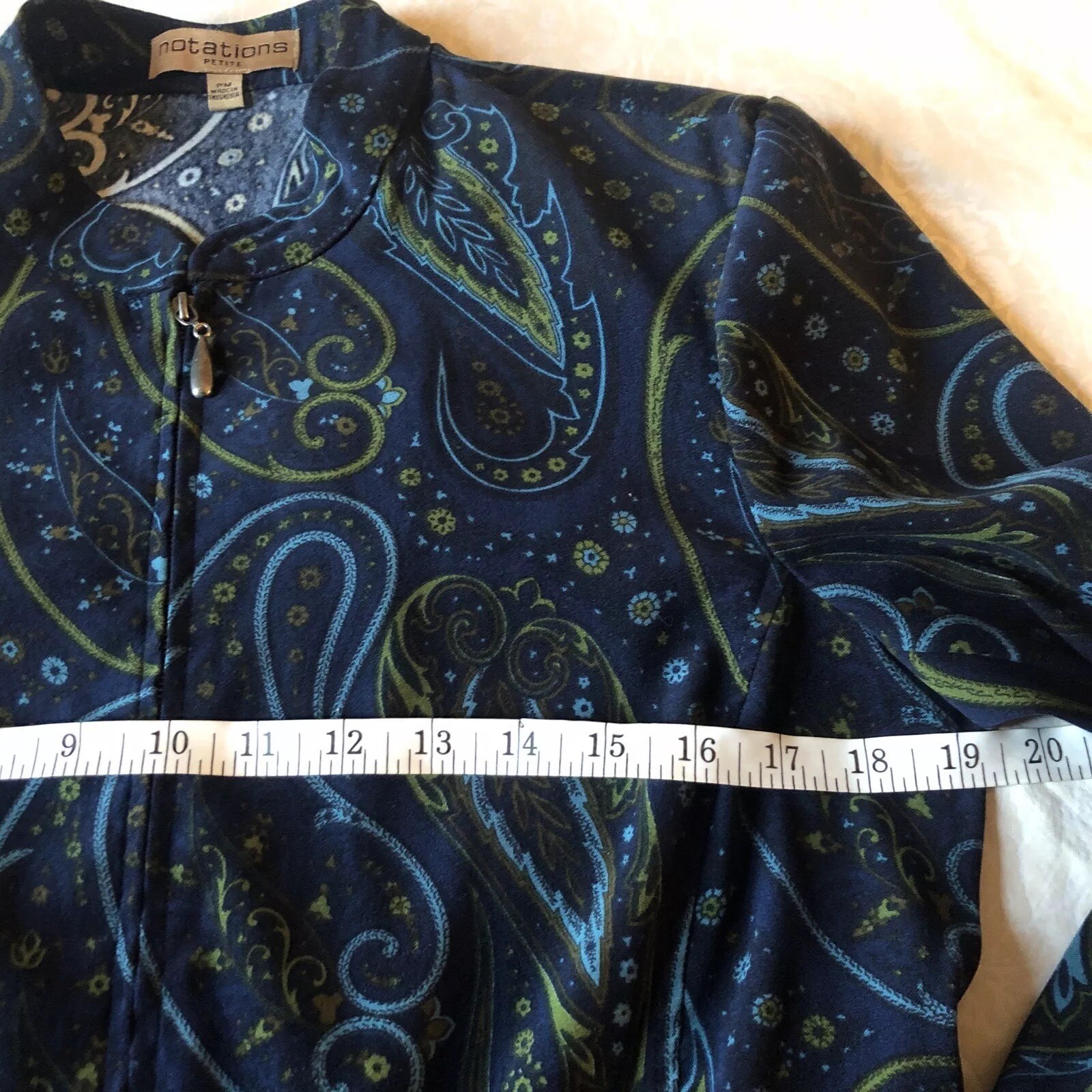 Vtg Notations Women PM Velvety Soft Lightweight Blue Paisley Zip Jacket Stretch
