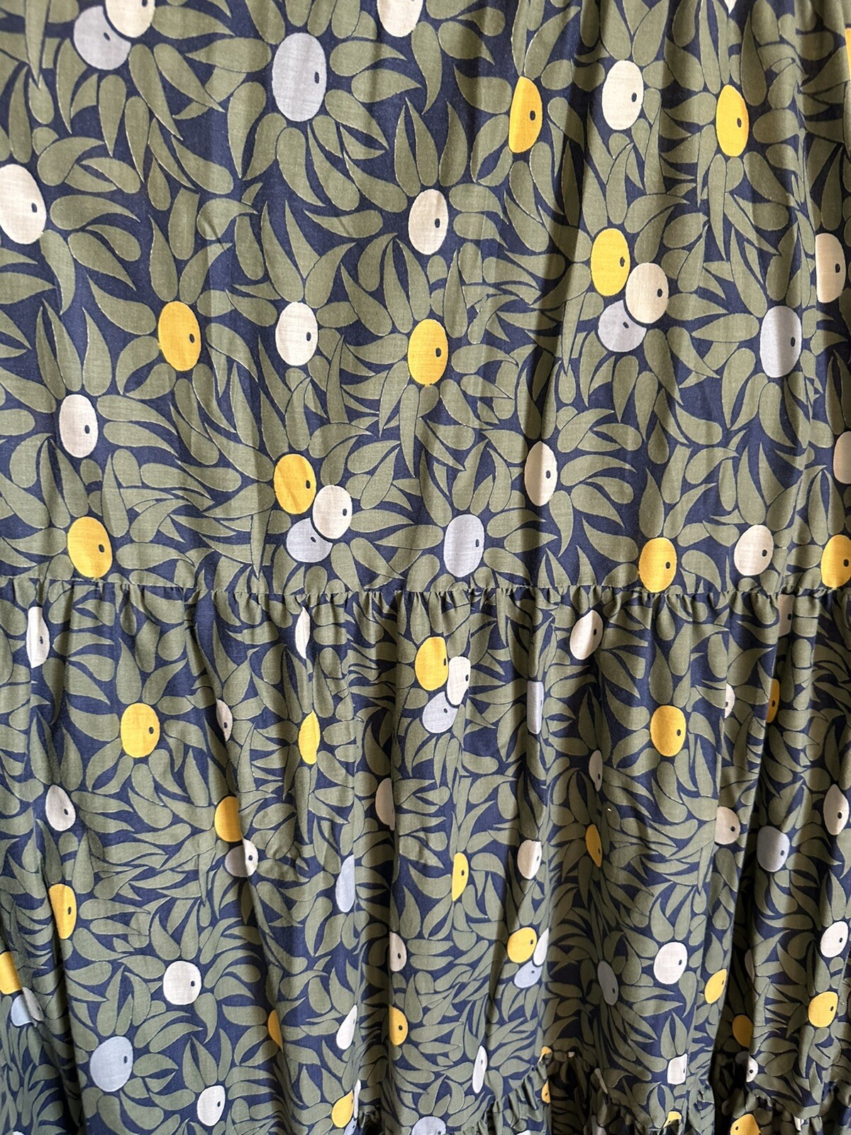 1970s Olive Print Smocked Maxi Dress Cotton Blend Hostess Resort Sundress OS VTG