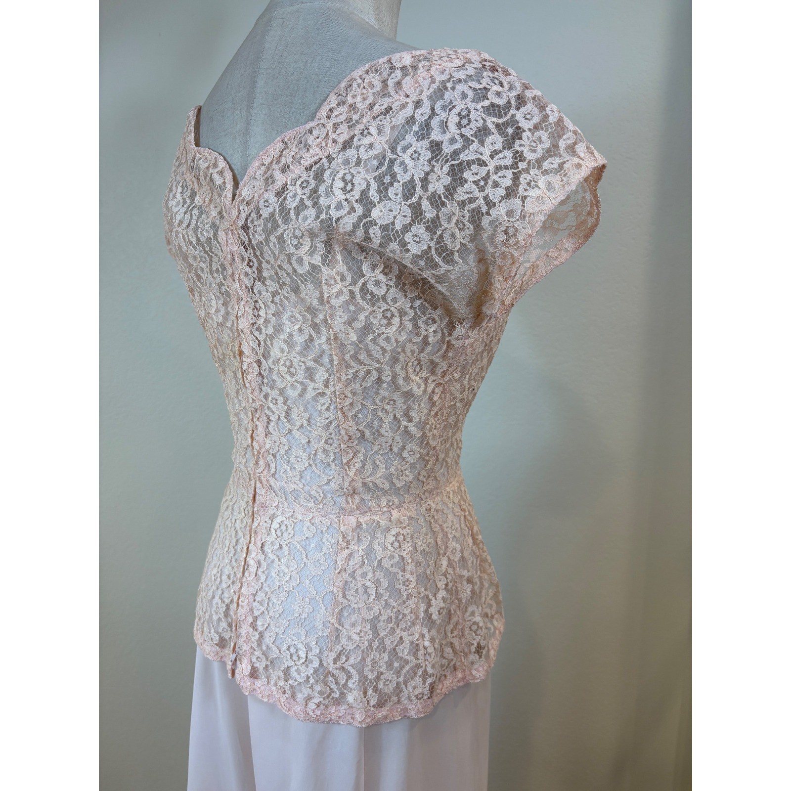 Vtg 50s Lace Top Scarf Slip Set S Pink 3pc Ensemble Romantic Formal cocktail