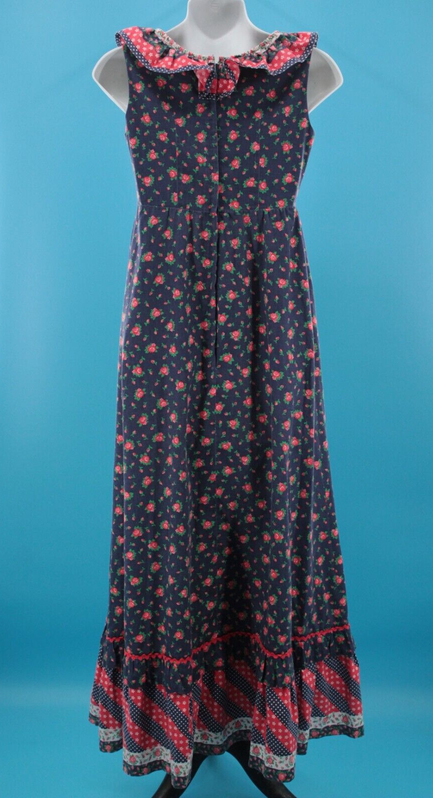 VTG Women’s 60s Navy & Red Floral Ribbon Trim Ruffle Maxi Dress Sz XS/S 1960s