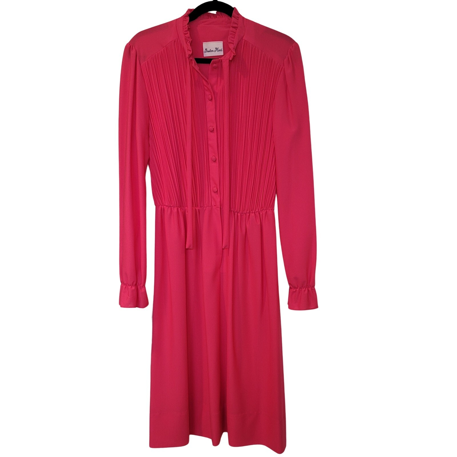 Vintage 70s 80s Boston Maid Fuschia Button Down Midi Dress Pleated Belted