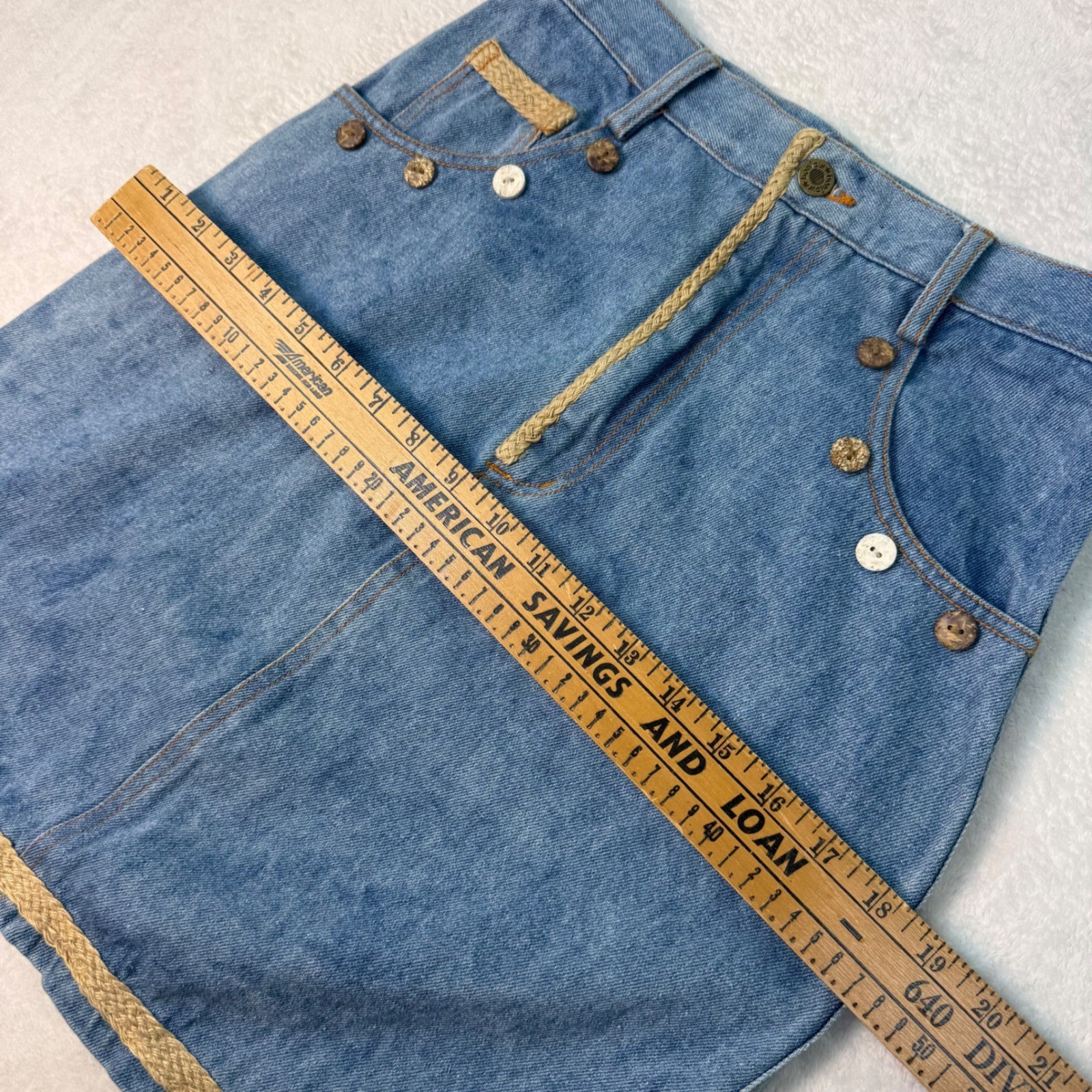 Vintage Y2K Bonjour Denim Mini Skirt Light Wash Rope Trim Button Sz 16 27W