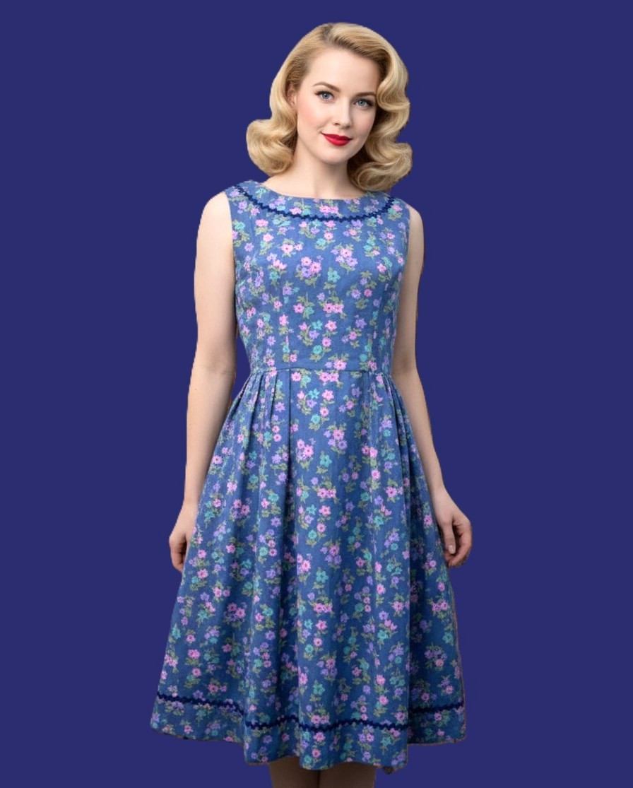 Pink/Indigo Print Sleeveless True Vintage Dress; Small/Size 4-5; Ric Rac Trim