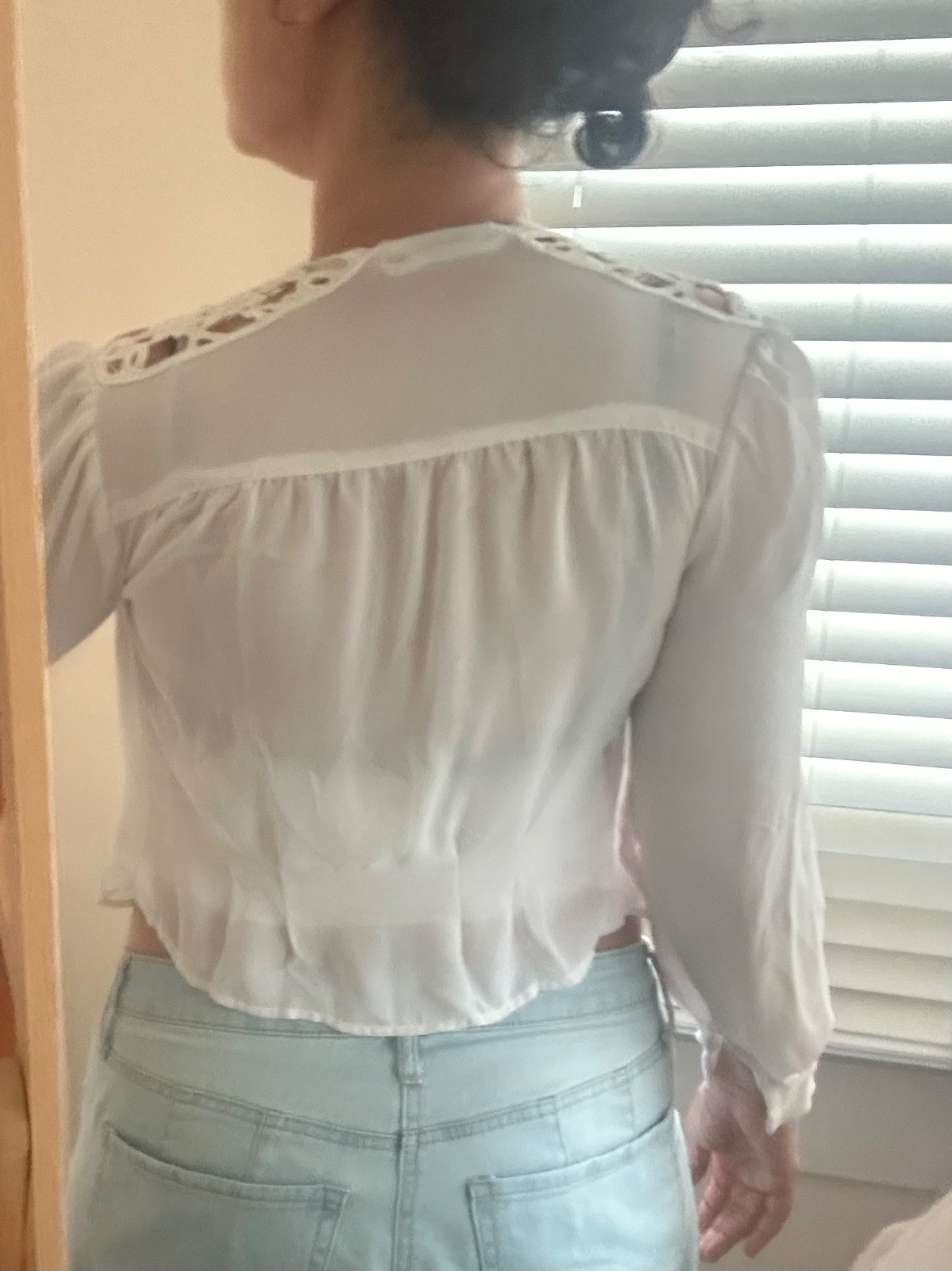Vintage 70’s Boho Lace Yoke Patchwork Long Cuff Sleeve White Button Up Blouse
