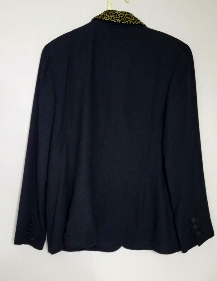 Vtg Kasper And Company ASL Black Blazer Jacket Animal Print Collar Sz 14 #27