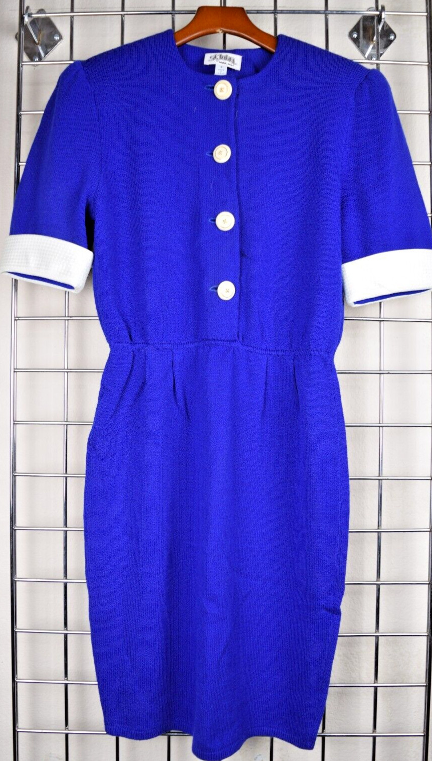Vintage St John Knit Royal Blue Midi Dress S/M 80s White Buttons Fitted Waist