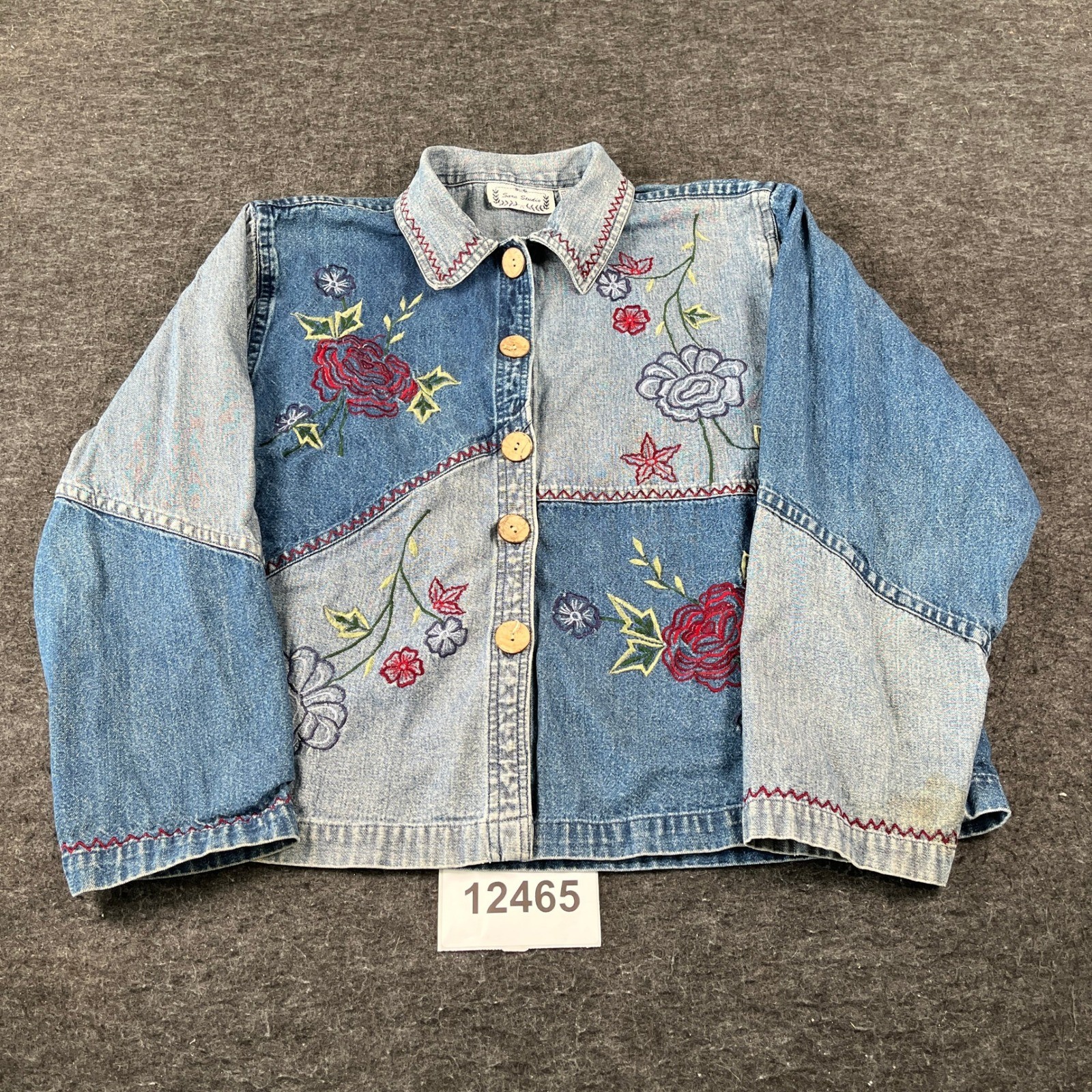 Vintage Sara Studio Trucker Jacket Womens XL Blue Gray Denim Embroidered Floral