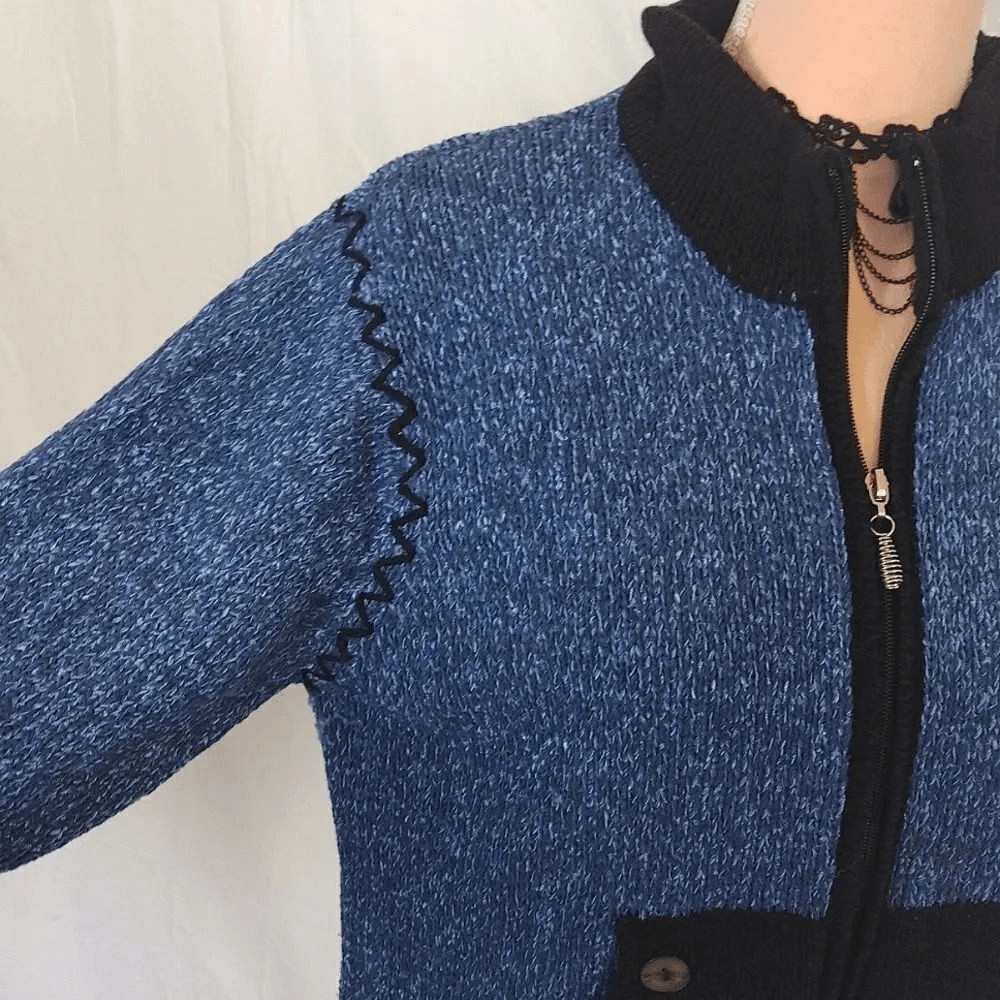 VTG 80s 90s Fia Italia Handloomed Blue Black Knit Zip Cardigan Sweater XL