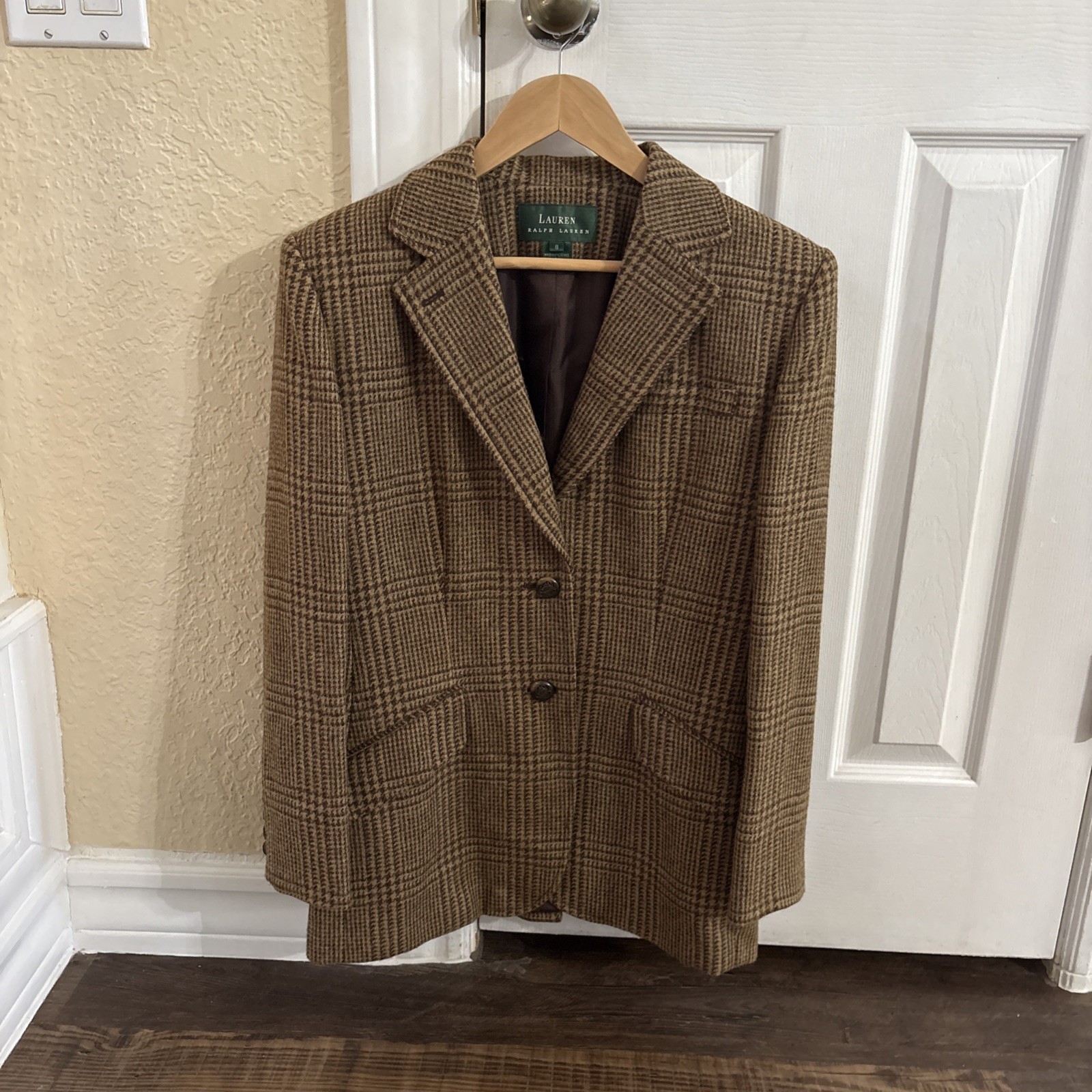 Ralph Lauren Womens Brown Plaid Wool Tweed Equestrian Blazer/Jacket Sz 8