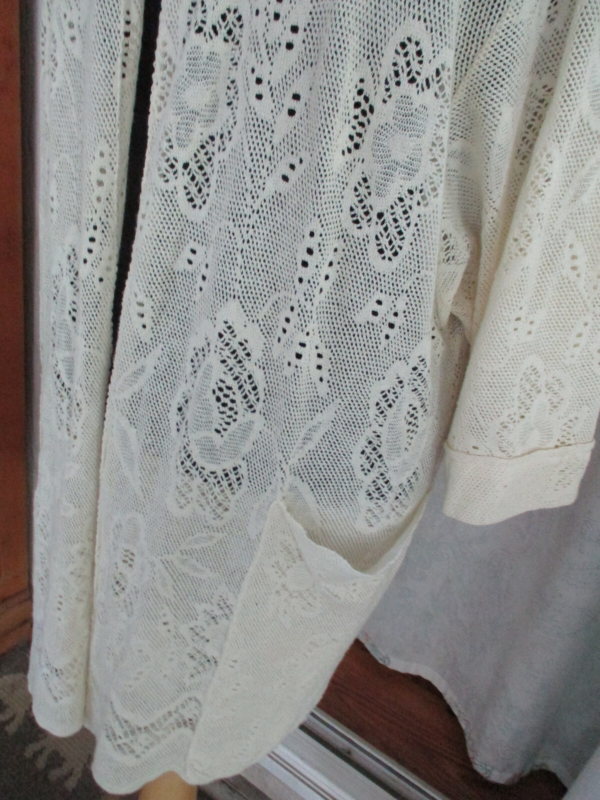 VTG Lace MED Crocheted Open Front Jacket Light Coverup w/ Pockets Made in France