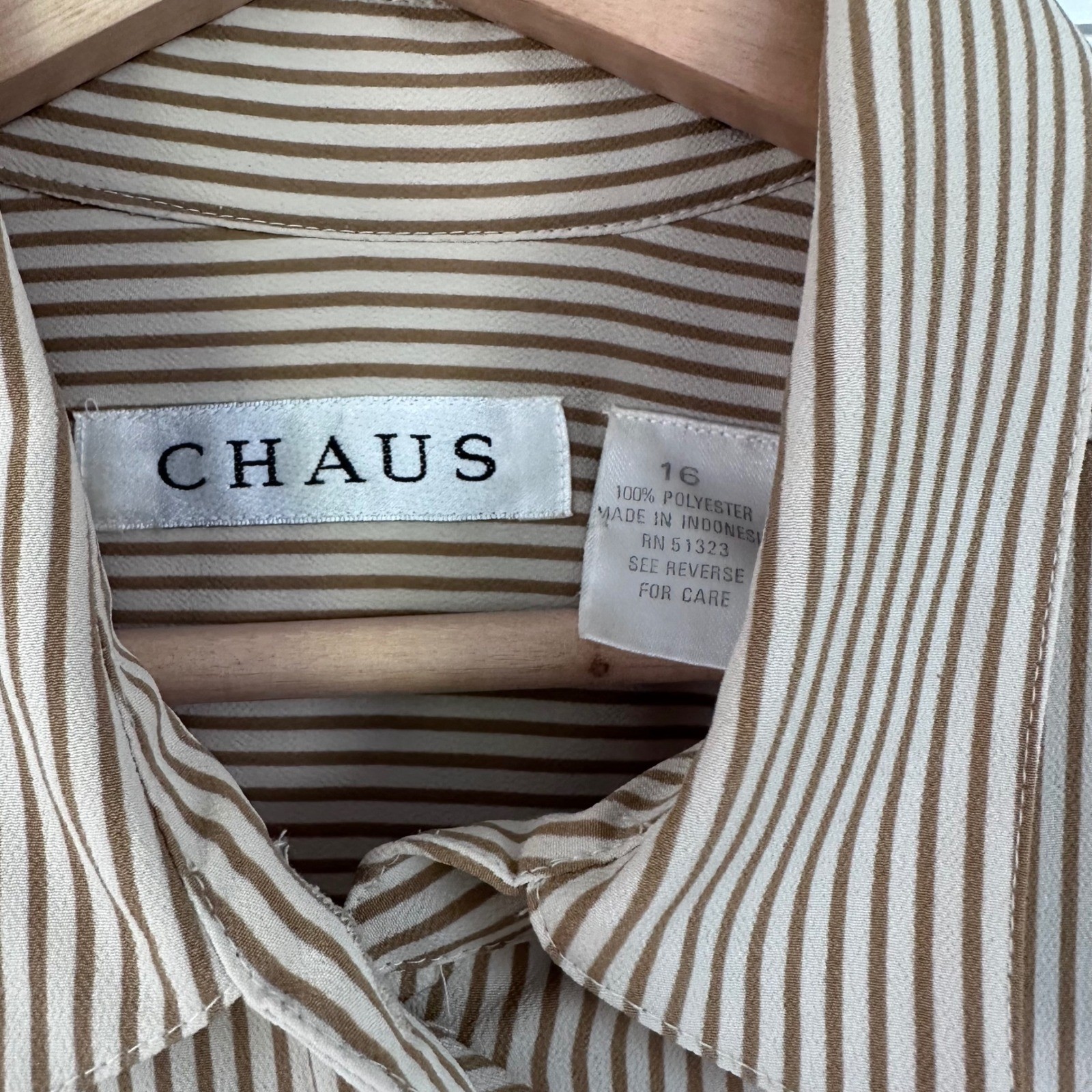Vintage Chaus Striped Utility Blouse Womens 16 Taupe Cream Button Up Minimalist