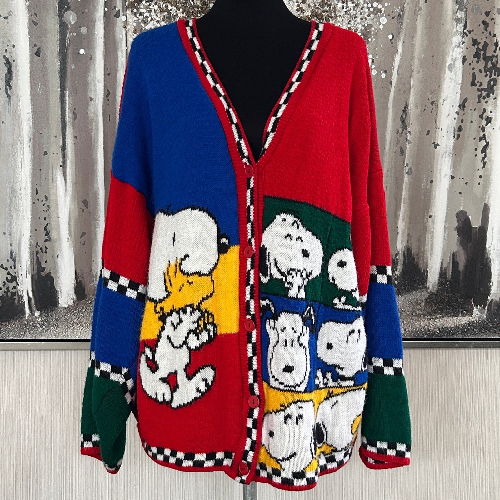 Vintage 1990s Peanuts Snoopy & Friends Multi-Colored Knit Cardigan Sweater