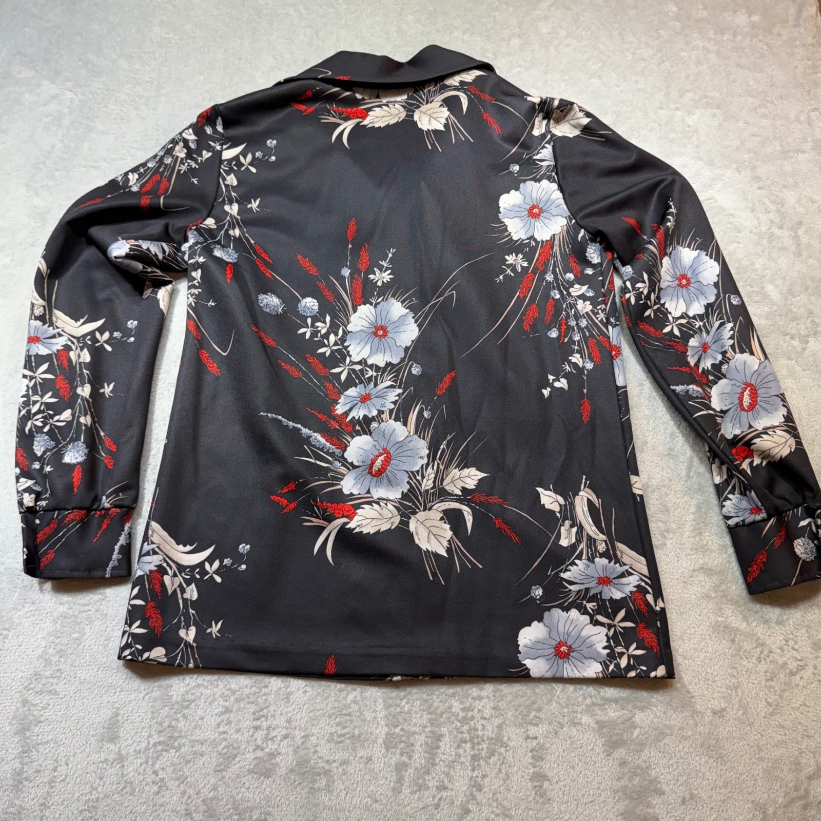 Vintage 70s Black Floral Disco Blouse Long Sleeve Button Up Pointed Collar Small