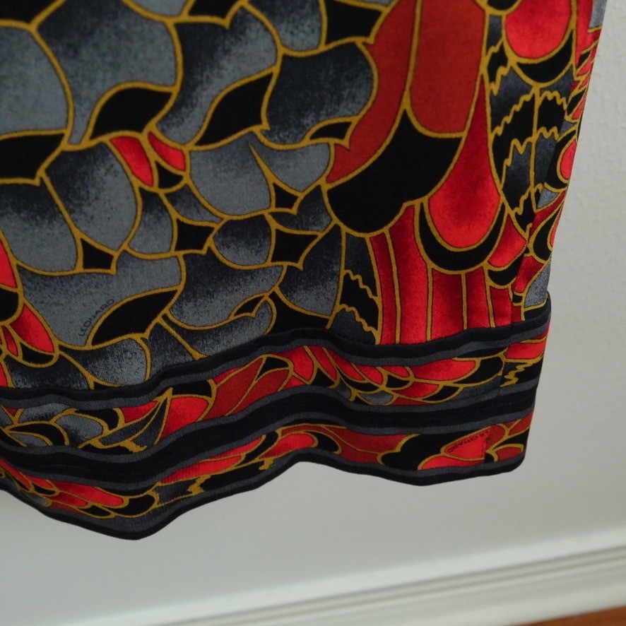 Vintage Leonard Fashion Paris Silk Velvet Feather Print Midi Dress Luxury 80s