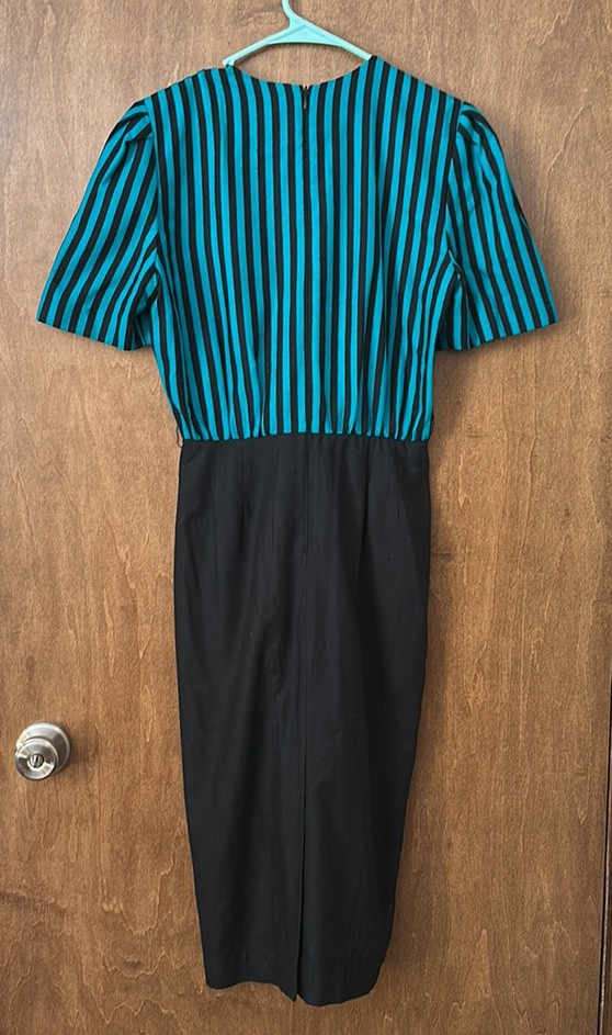 Vintage Kasper for A.S.L. 100%Silk Striped Teal & Black Dress with Matching Coat