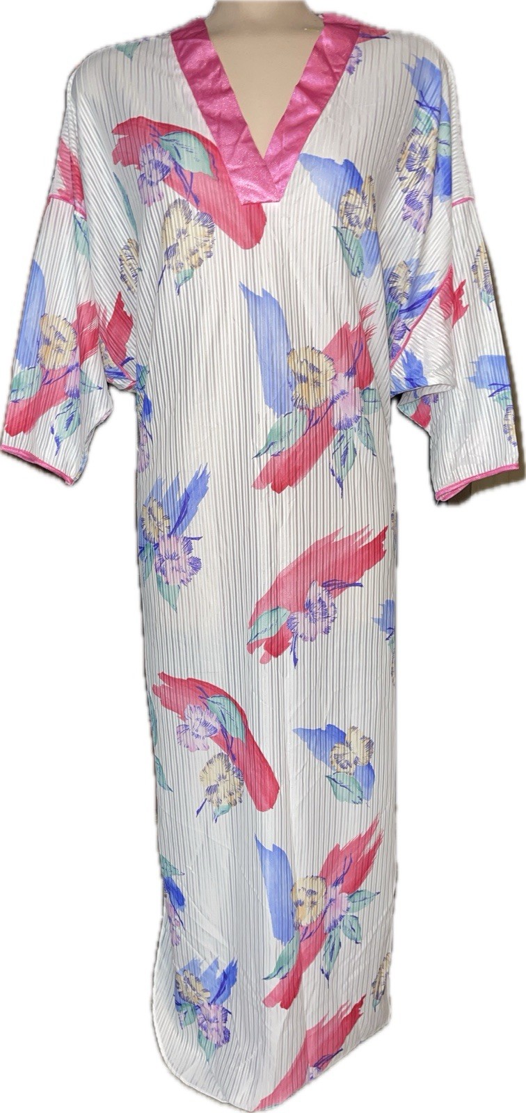 Yolande Floral Sheer Caftan Tunic Dress One Size Made USA VTG Resort Pleated