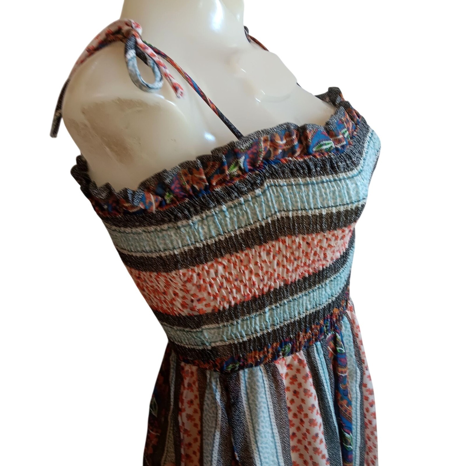True Vintage Peasant Bohemian Dress sz 9 Maxi Ruffle Trim & Smocked Bodice