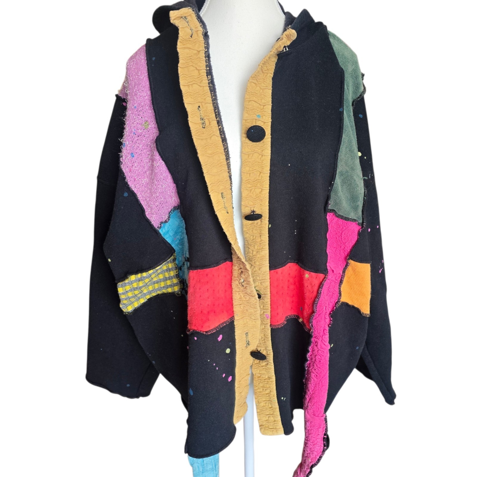 RareVintage Patchwork Mixed Media Artistic Grunge Boho Hippie Hooded Button Down