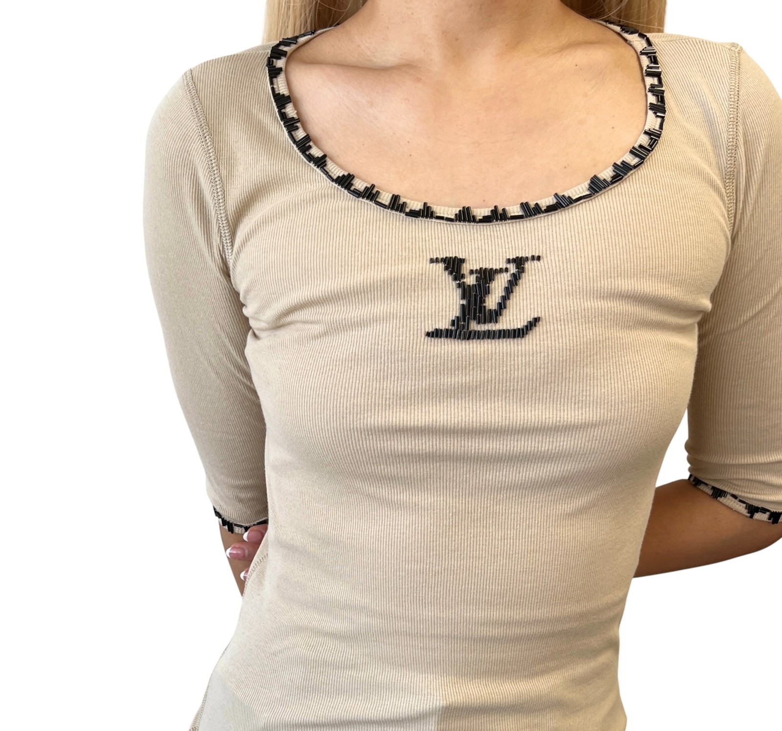 LOUIS VUITTON Vintage Beads Knit Long Sleeve Top T-shirt #XS Beige 901990