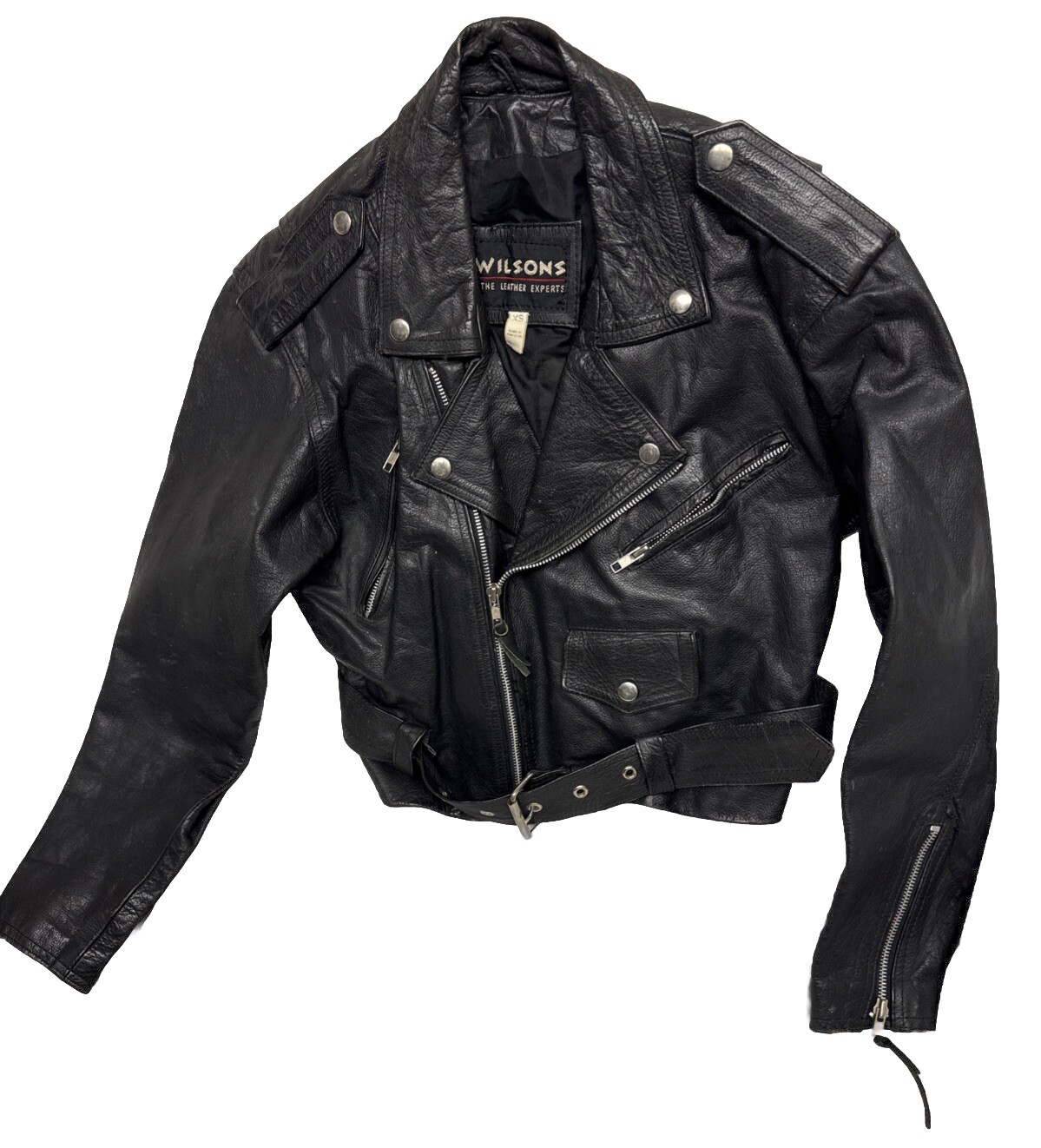 Vintage 90s Wilsons Cropped Leather Motorcycle Biker Punk Moto Jacket Womens XS