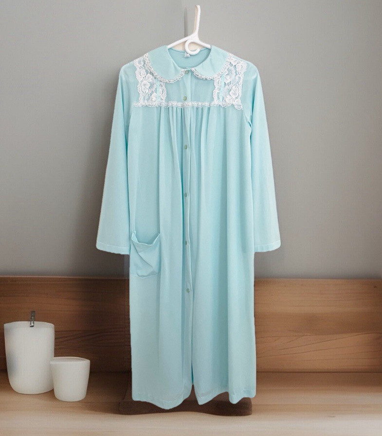 Vintage NANCY KING Robe Sz S Blue Nylon Satin Button Up Lace Pocket Collared