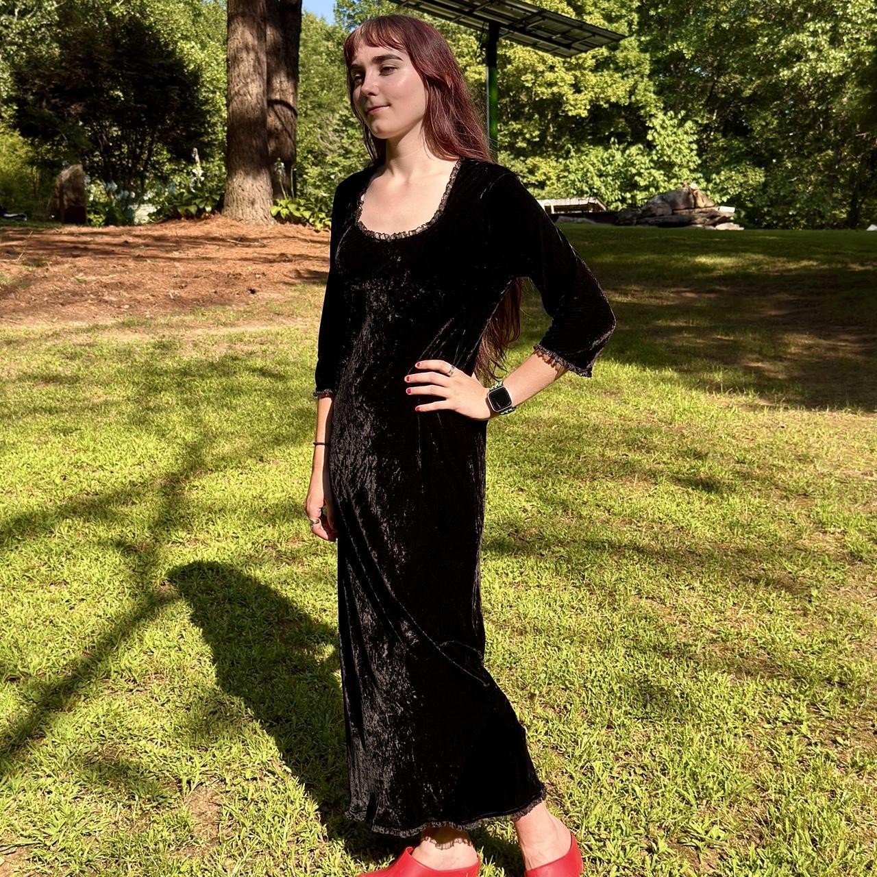 90s crushed black velvet maxi dress w/ mesh lace trim & long sleeve