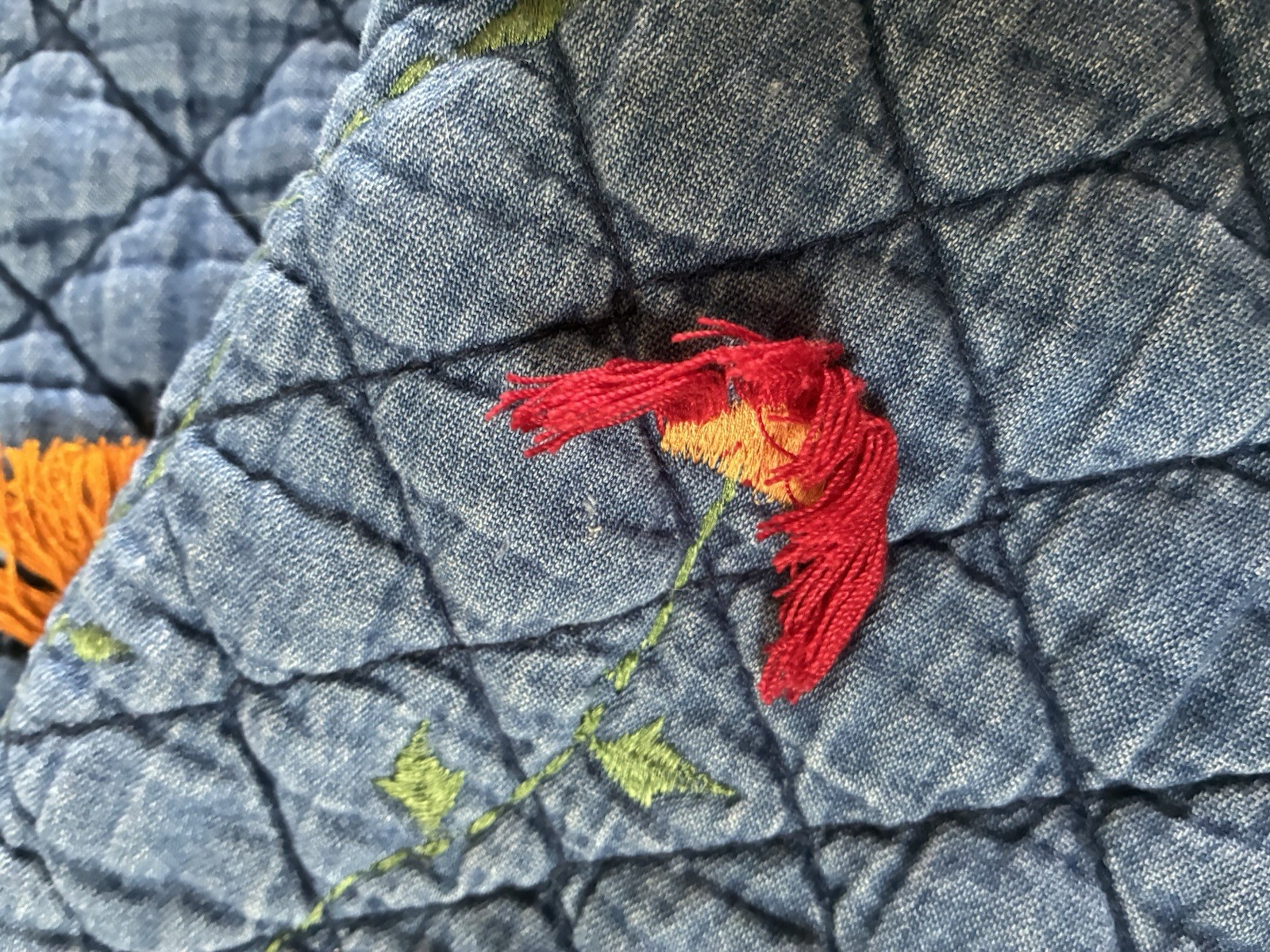 Vintage 90s Maggie Barnes Petites Quilted Embroidered Denim Jacket Floral 24WP