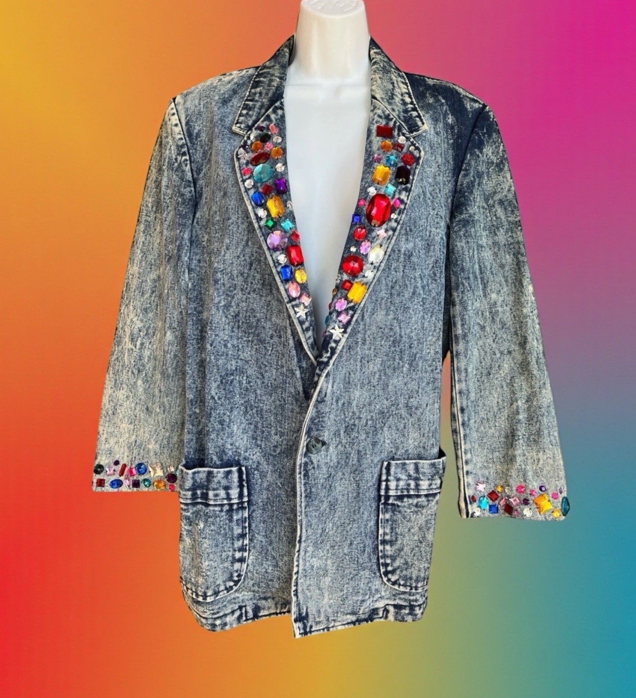 Vtg 80’s Acid Wash Denim Jacket Embellished Colorful Stones Women’s Sz M or L?