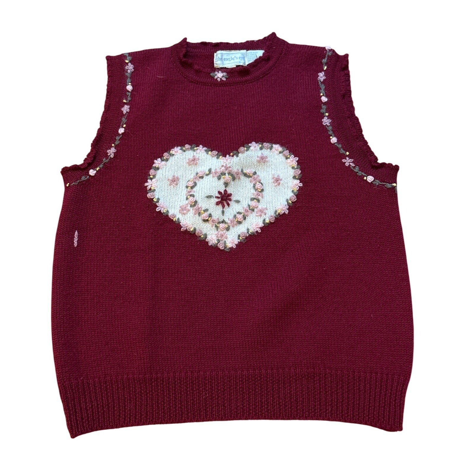 The Eagle’s Eye Sweater Vest Women Burgundy Good Floral Heart Wool SIZE M
